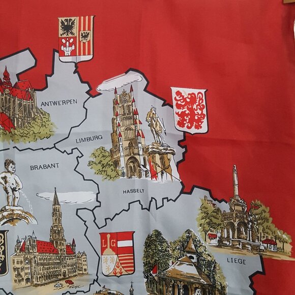 Vintage Van Deun Souvenir Square Scarf Map Of Belgium Castles Monuments Red Made - Picture 4 of 10